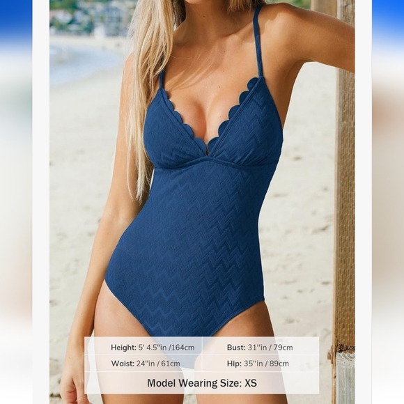 Cupshe Scalloped V-neck One Piece Swimsuit- navy - Picture 4 of 13